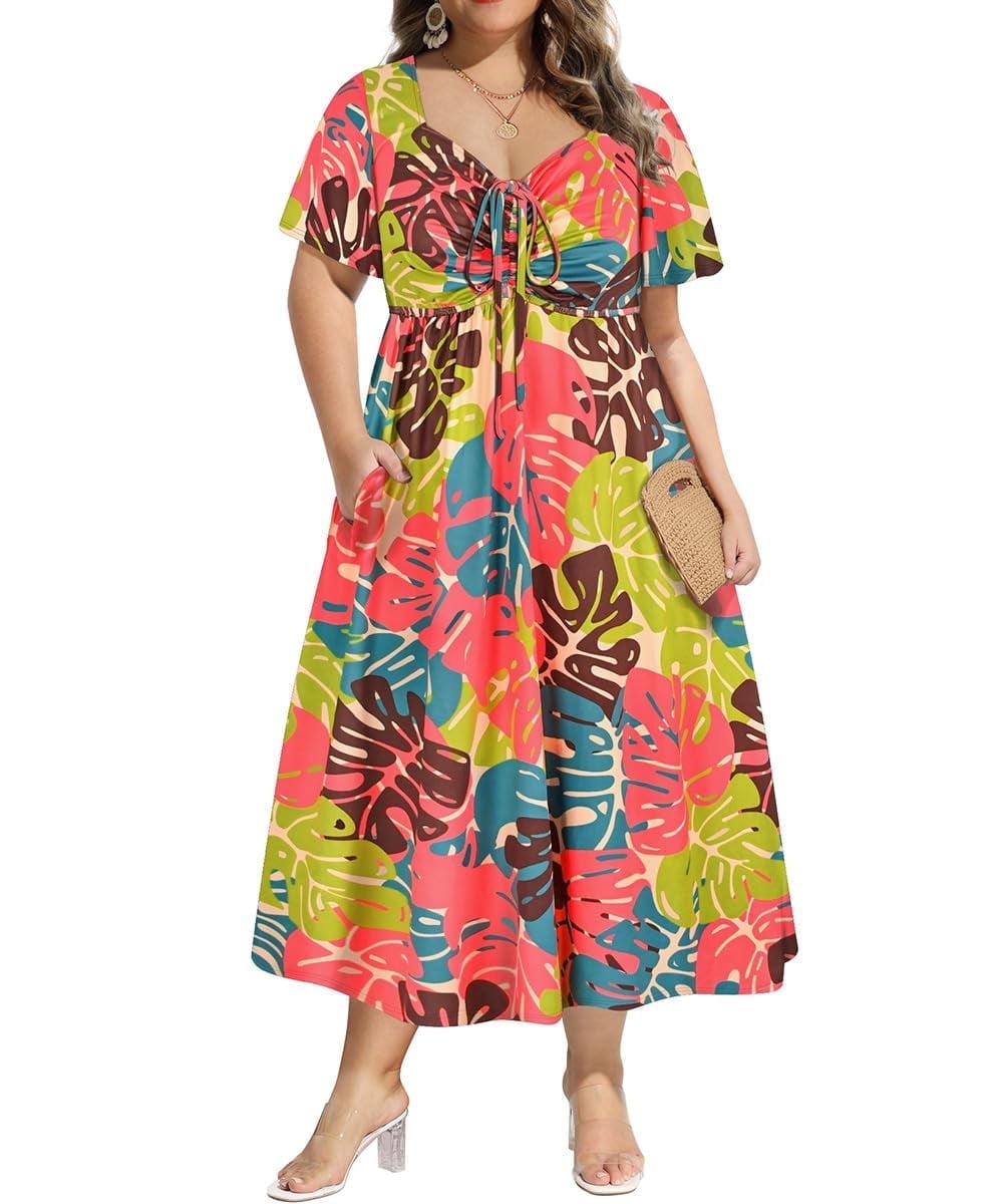 CASSIE LIZ Plus Size Dresses Summer Midi Womens Sun Dresses Boho Beach Short Sleeve V Neck Loose Fit Spring Party Dresses with Pocket Floral/Leaf/Tie Dye/Star (XL-5XL)