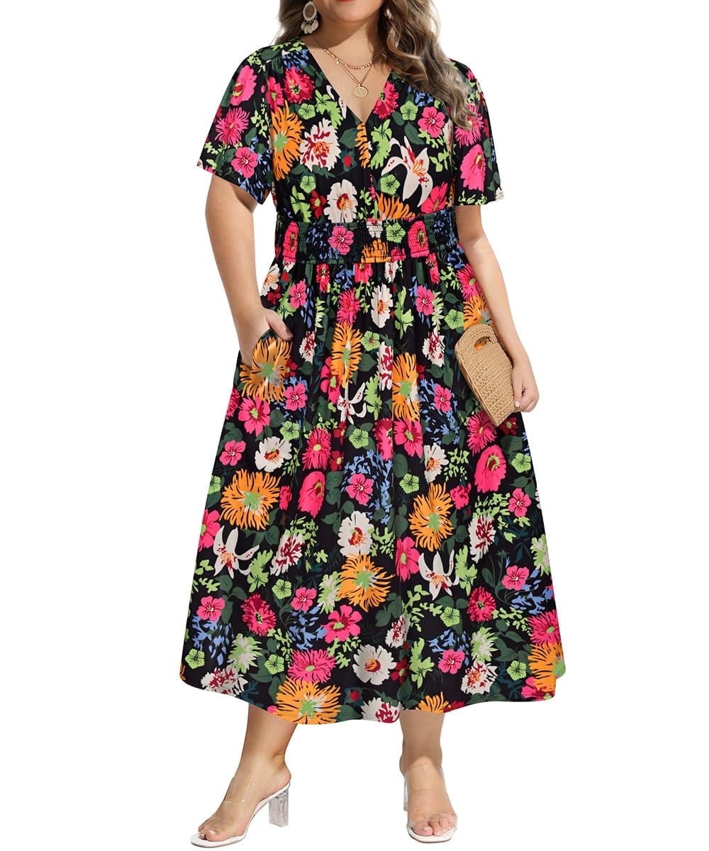 CASSIE LIZ Plus Size Dresses Summer Midi Womens Sun Dresses Boho Beach Short Sleeve V Neck Loose Fit Spring Party Dresses with Pocket Floral/Leaf/Tie Dye/Star (XL-5XL)