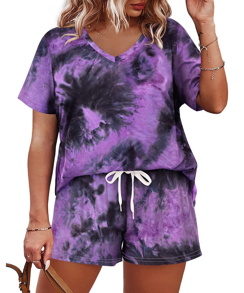 CASSIE LIZ Plus Size 2 Piece Short Sets for Women V Neck Tie Dye Short Sleeve Top and Shorts Set with Drawstring Casual Loungewear Travel Vacation Outfits with Pockets XL-5XL