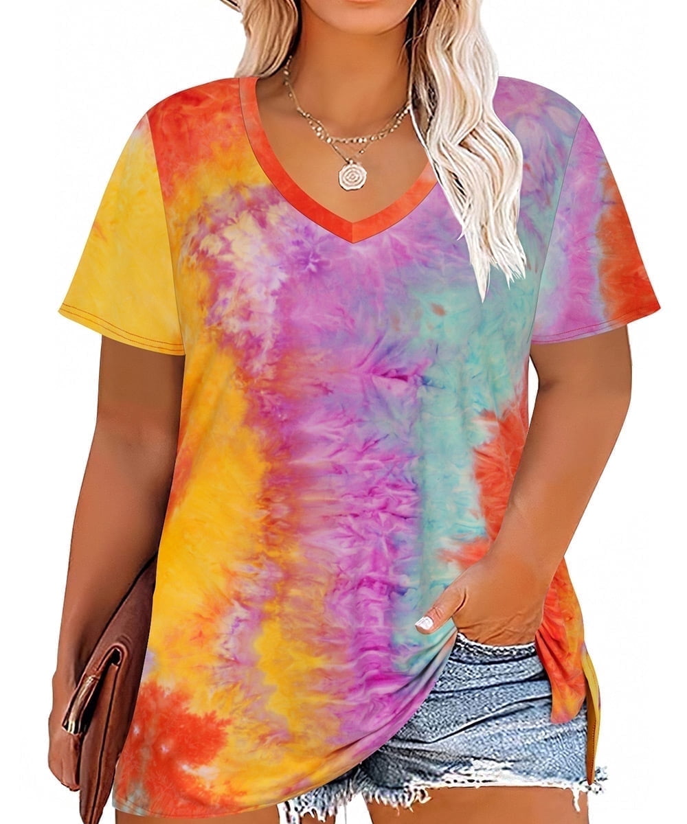 CASSIE LIZ Plus Size Tops Summer Womens Shirts V Neck Fashion Short Sleeve Tee Loose Fit Tunics Spring Blouses Casual Pullover Casual Pullovers Floral/Tie Dye/Leopard/Patriotic/Striped/Solid (XL-5XL)
