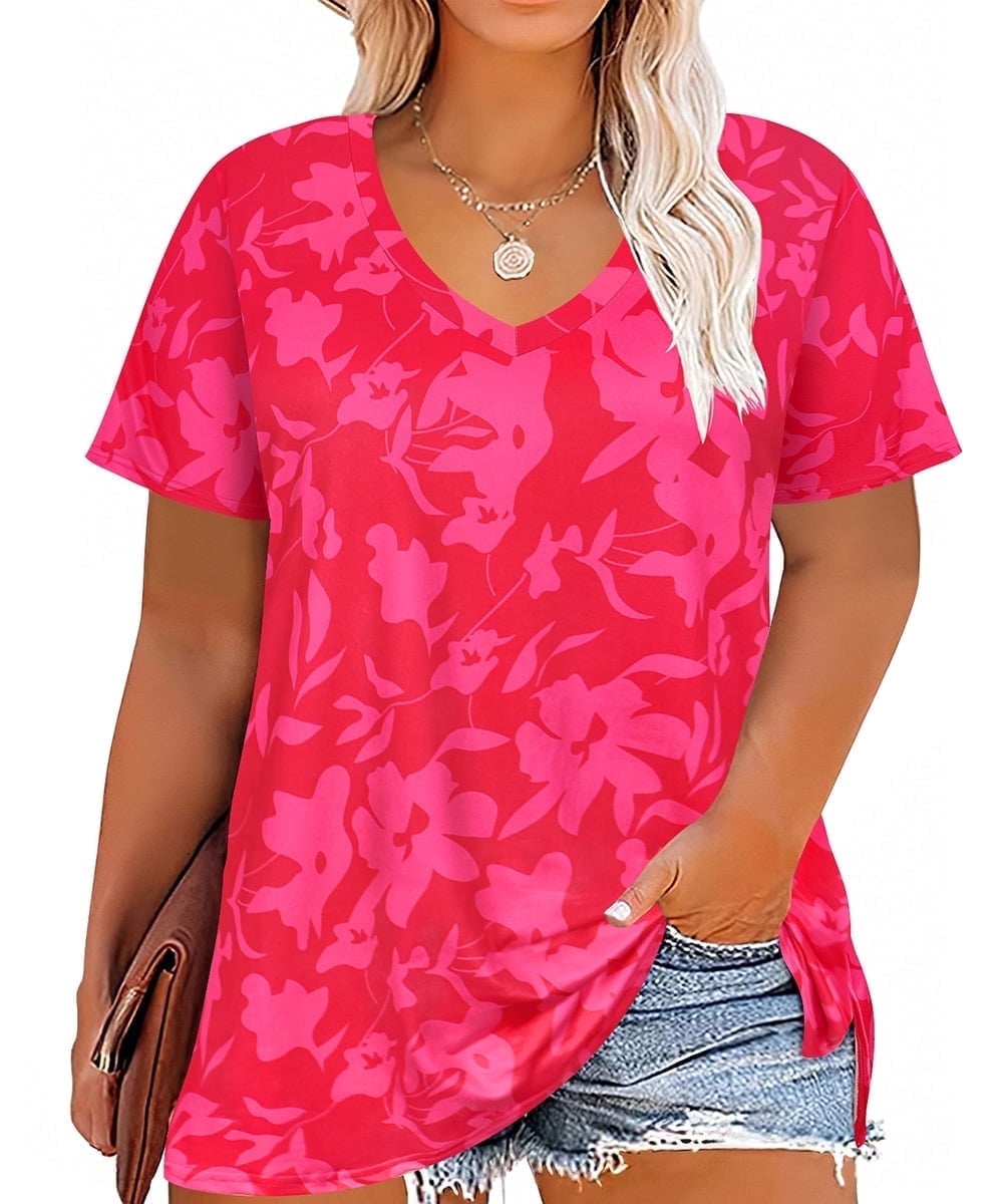 CASSIE LIZ Plus Size Tops Summer Womens Shirts V Neck Fashion Short Sleeve Tee Loose Fit Tunics Spring Blouses Casual Pullover Casual Pullovers Floral/Tie Dye/Leopard/Patriotic/Striped/Solid (XL-5XL)