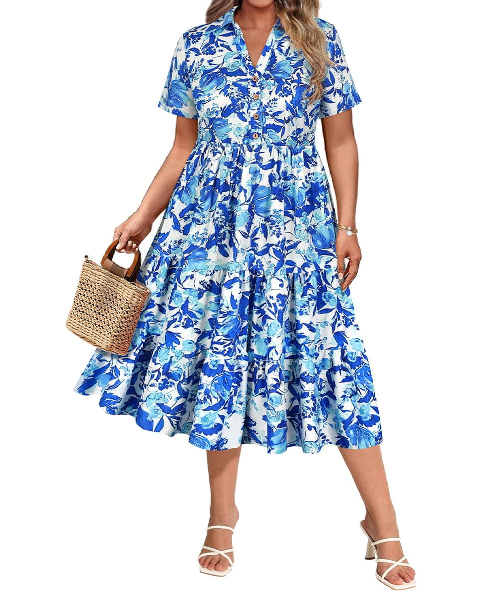 CASSIE LIZ Dresses for Women Summer Midi Womens Boho Shirt Dresses Short Sleeve Collared V Neck Loose Fit Sun Dresses with Pocket Floral/Glitter/Striped (XL-5XL)