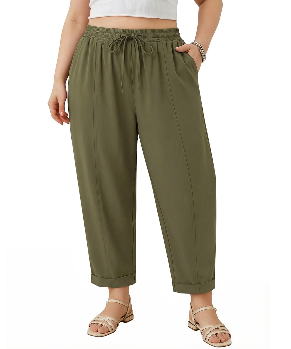 CASSIE LIZ Plus Size Curvy Womens Spring Summer Beach Wide Leg Palazzo Pants Drawstring Trousers with Pockets (XL-5XL)