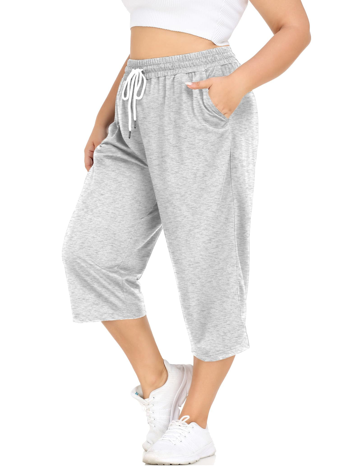CASSIE LIZ Plus Size Capris Womens Knit Yoga Capri Pants Summer Casual Elastic Waist Lounge Capris Drawstring Workout Activewear Pants Spring Loose Fit Sweatpants with Pocket Solid/Camo (XL-5XL)
