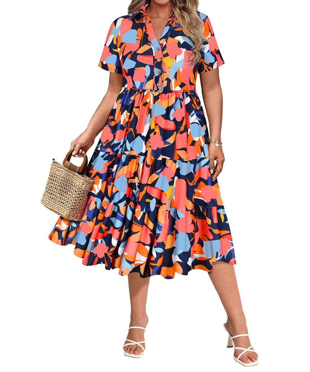 CASSIE LIZ Dresses for Women Summer Midi Womens Boho Shirt Dresses Short Sleeve Collared V Neck Loose Fit Sun Dresses with Pocket Floral/Glitter/Striped (XL-5XL)