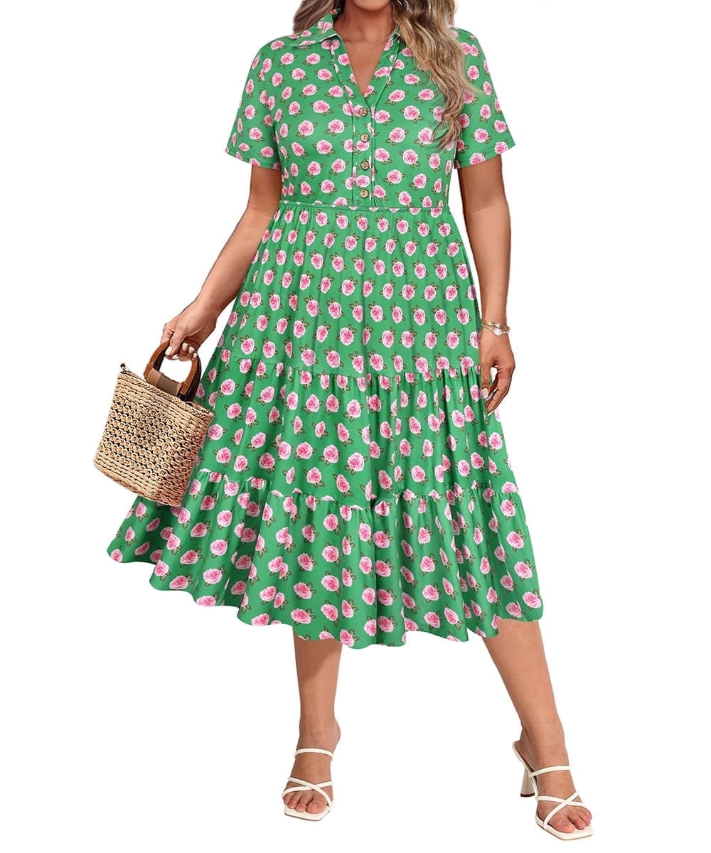 CASSIE LIZ Dresses for Women Summer Midi Womens Boho Shirt Dresses Short Sleeve Collared V Neck Loose Fit Sun Dresses with Pocket Floral/Glitter/Striped (XL-5XL)