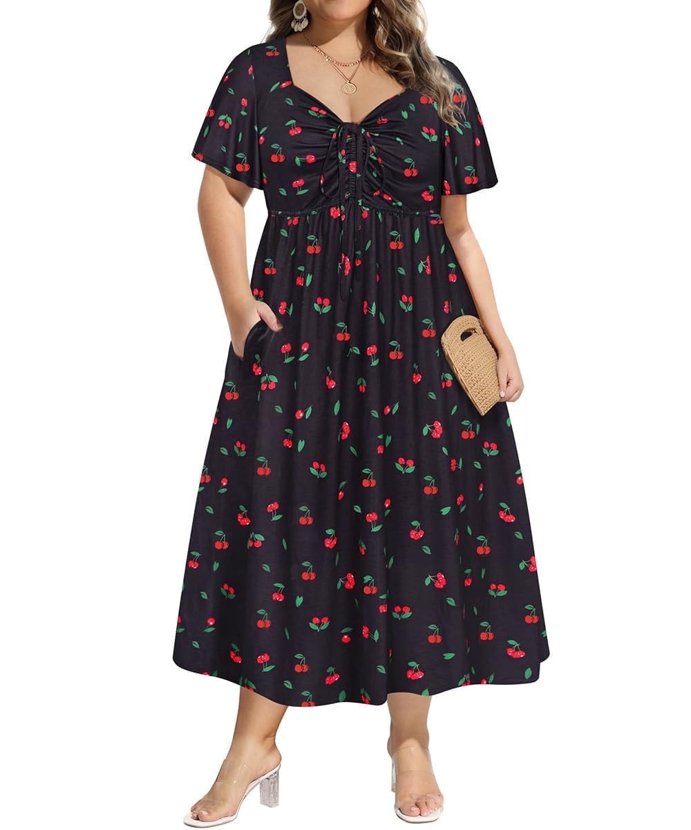 CASSIE LIZ Plus Size Dresses Summer Midi Womens Sun Dresses Boho Beach Short Sleeve V Neck Loose Fit Spring Party Dresses with Pocket Floral/Leaf/Tie Dye/Star (XL-5XL)