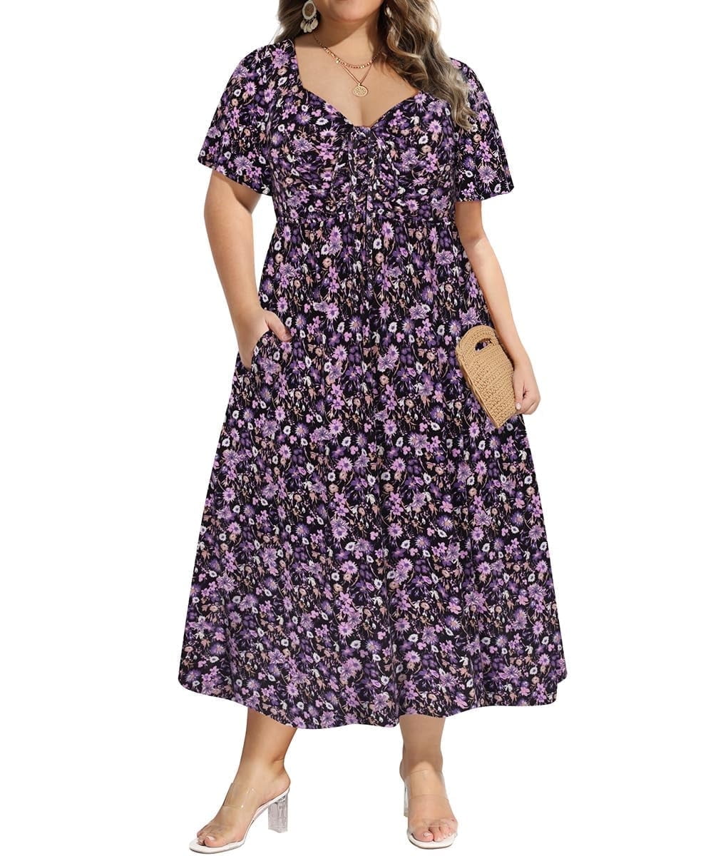 CASSIE LIZ Plus Size Dresses Summer Midi Womens Sun Dresses Boho Beach Short Sleeve V Neck Loose Fit Spring Party Dresses with Pocket Floral/Leaf/Tie Dye/Star (XL-5XL)