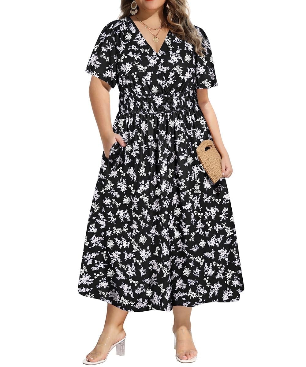 CASSIE LIZ Plus Size Dresses Summer Midi Womens Sun Dresses Boho Beach Short Sleeve V Neck Loose Fit Spring Party Dresses with Pocket Floral/Leaf/Tie Dye/Star (XL-5XL)