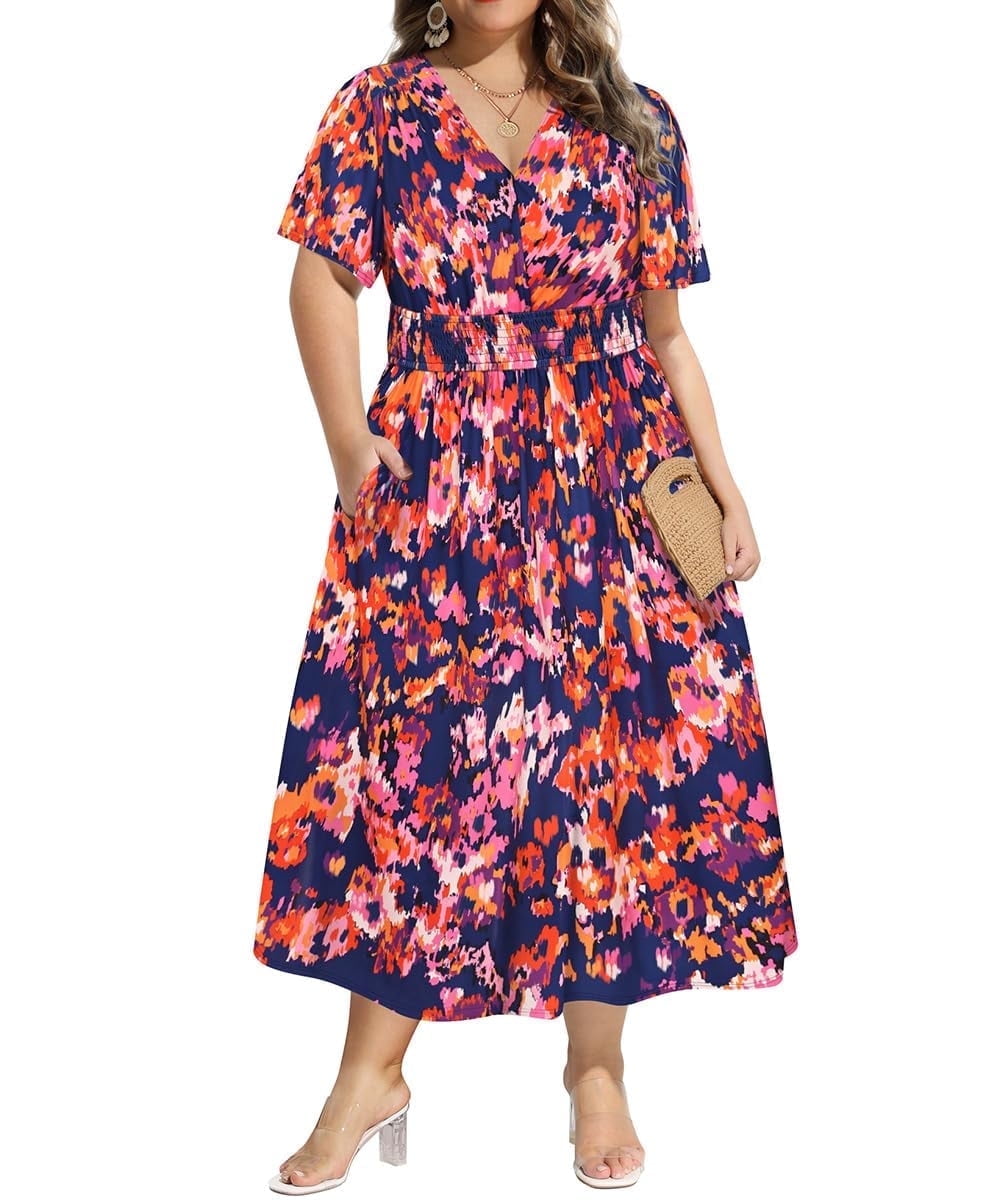 CASSIE LIZ Plus Size Dresses Summer Midi Womens Sun Dresses Boho Beach Short Sleeve V Neck Loose Fit Spring Party Dresses with Pocket Floral/Leaf/Tie Dye/Star (XL-5XL)