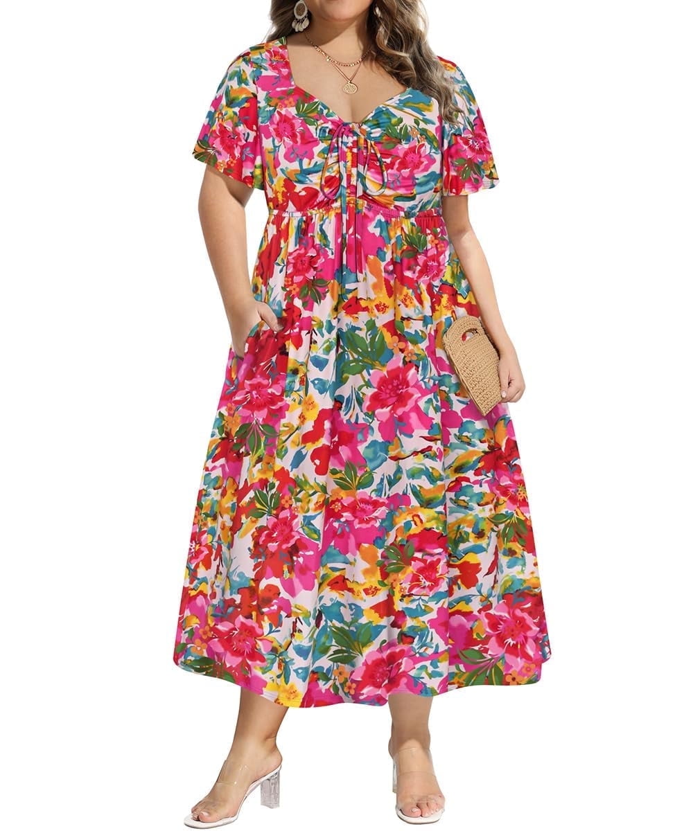 CASSIE LIZ Plus Size Dresses Summer Midi Womens Sun Dresses Boho Beach Short Sleeve V Neck Loose Fit Spring Party Dresses with Pocket Floral/Leaf/Tie Dye/Star (XL-5XL)