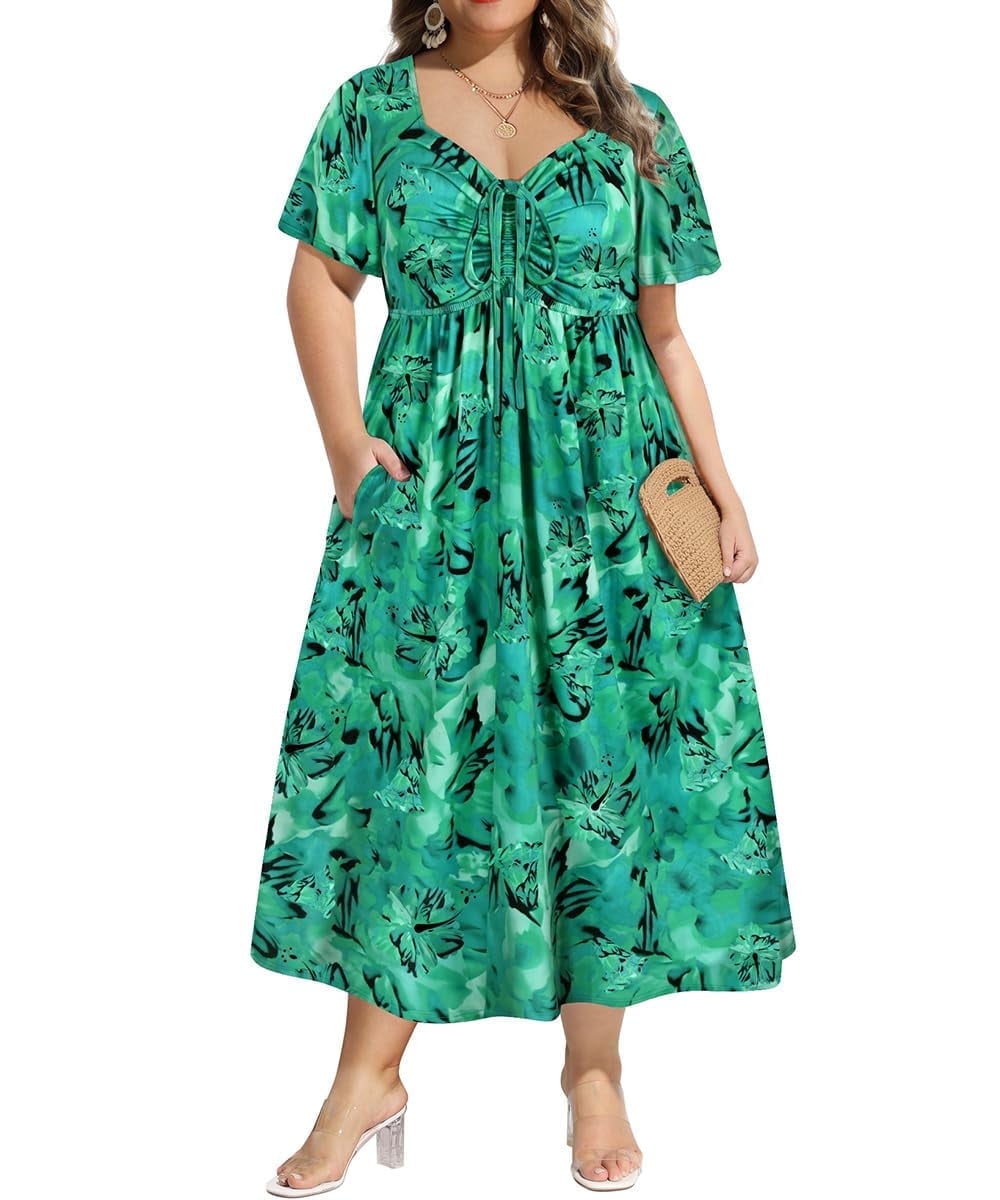 CASSIE LIZ Plus Size Dresses Summer Midi Womens Sun Dresses Boho Beach Short Sleeve V Neck Loose Fit Spring Party Dresses with Pocket Floral/Leaf/Tie Dye/Star (XL-5XL)