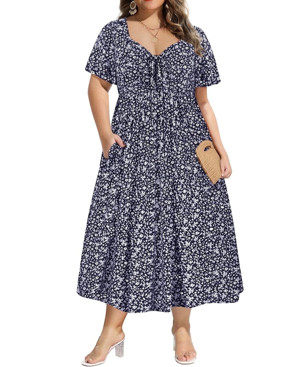 CASSIE LIZ Plus Size Dresses Summer Midi Womens Sun Dresses Boho Beach Short Sleeve V Neck Loose Fit Spring Party Dresses with Pocket Floral/Leaf/Tie Dye/Star (XL-5XL)