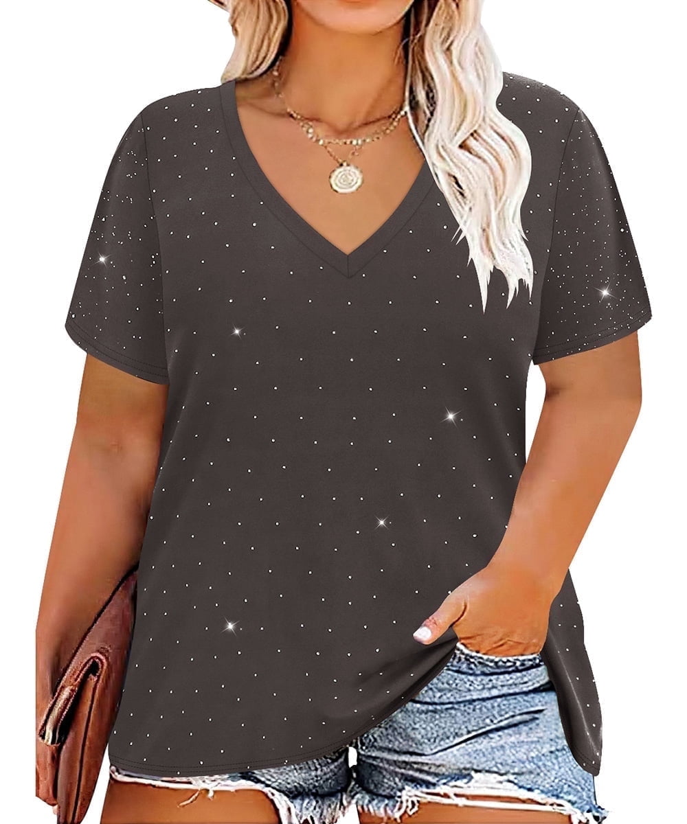 CASSIE LIZ Plus Size Tops Summer Womens Shirts V Neck Fashion Short Sleeve Tee Loose Fit Tunics Spring Blouses Casual Pullover Casual Pullovers Floral/Tie Dye/Leopard/Patriotic/Striped/Solid (XL-5XL)