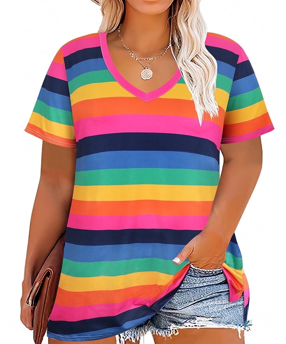 CASSIE LIZ Plus Size Tops Summer Womens Shirts V Neck Fashion Short Sleeve Tee Loose Fit Tunics Spring Blouses Casual Pullover Casual Pullovers Floral/Tie Dye/Leopard/Patriotic/Striped/Solid (XL-5XL)