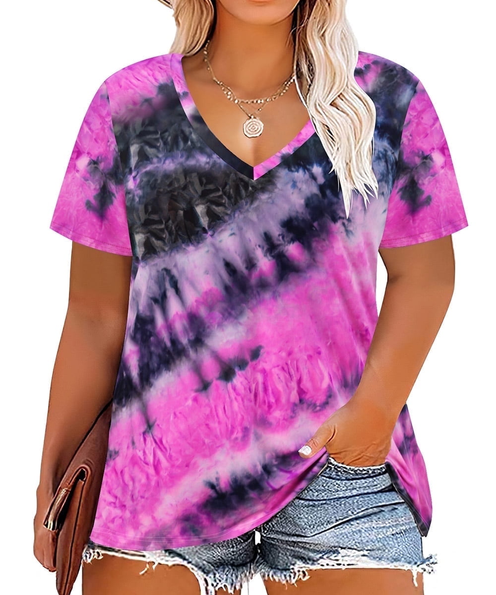 CASSIE LIZ Plus Size Tops Summer Womens Shirts V Neck Fashion Short Sleeve Tee Loose Fit Tunics Spring Blouses Casual Pullover Casual Pullovers Floral/Tie Dye/Leopard/Patriotic/Striped/Solid (XL-5XL)