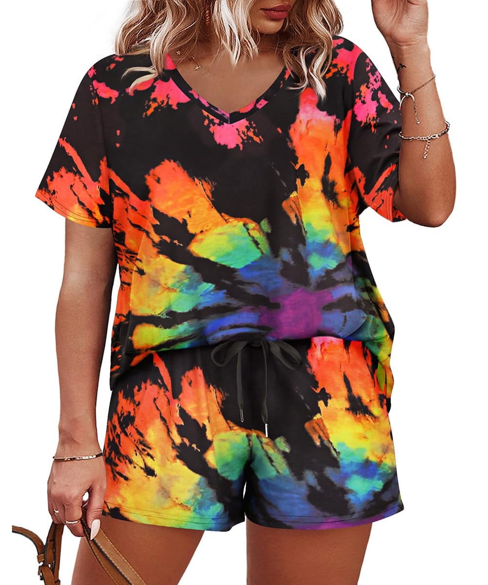 CASSIE LIZ Plus Size 2 Piece Short Sets for Women V Neck Tie Dye Short Sleeve Top and Shorts Set with Drawstring Casual Loungewear Travel Vacation Outfits with Pockets XL-5XL
