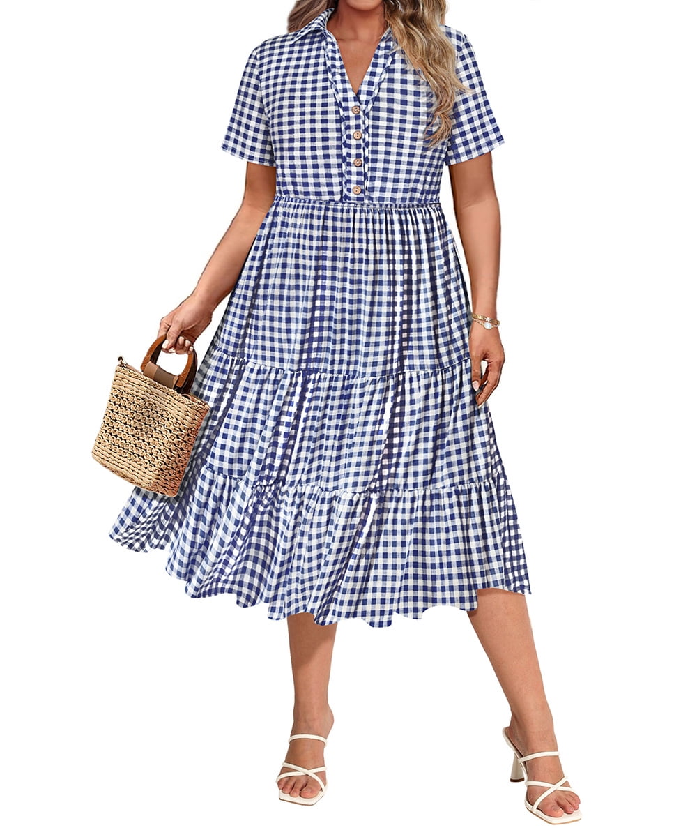 CASSIE LIZ Dresses for Women Summer Midi Womens Boho Shirt Dresses Short Sleeve Collared V Neck Loose Fit Sun Dresses with Pocket Floral/Glitter/Striped (XL-5XL)