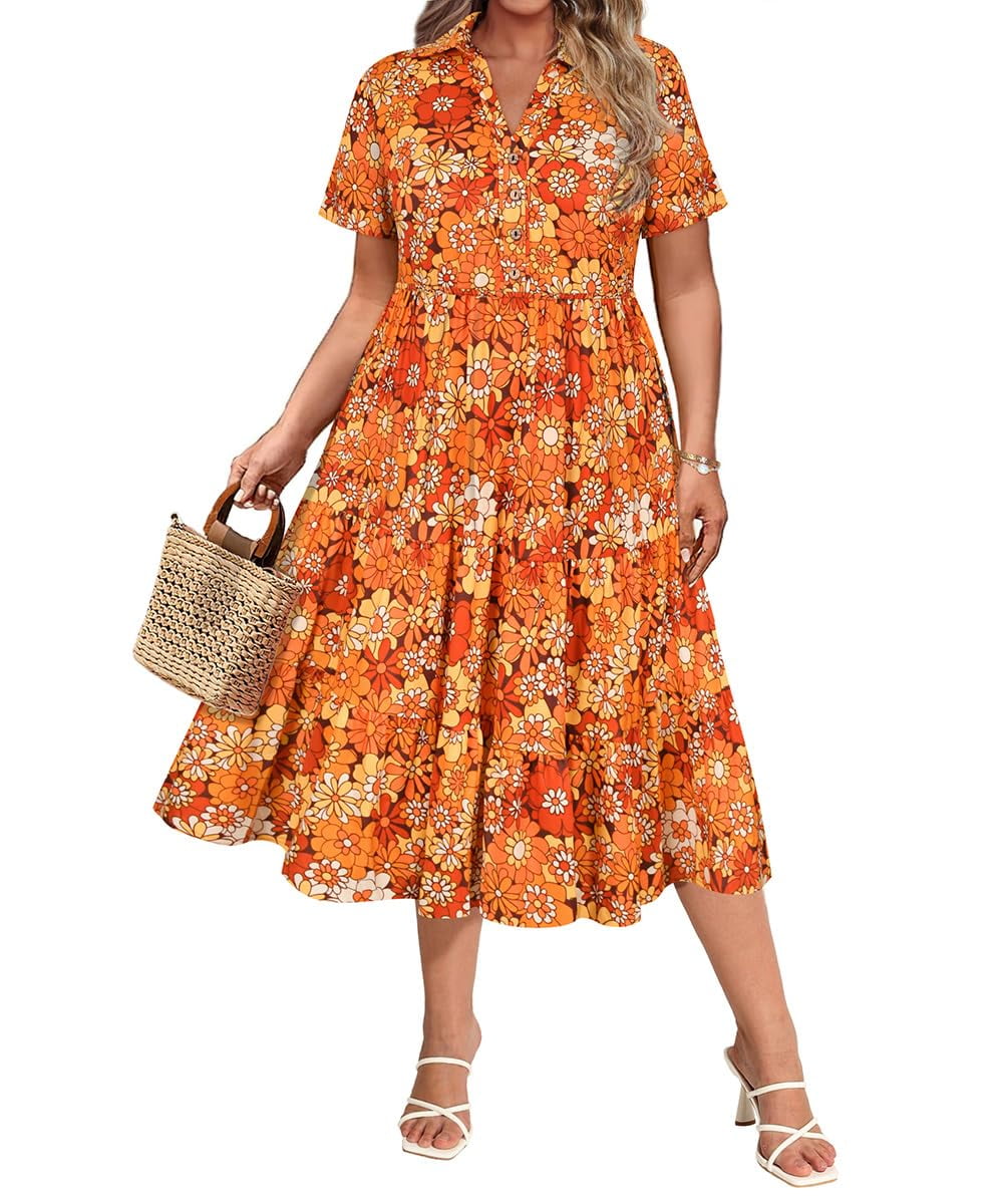 CASSIE LIZ Dresses for Women Summer Midi Womens Boho Shirt Dresses Short Sleeve Collared V Neck Loose Fit Sun Dresses with Pocket Floral/Glitter/Striped (XL-5XL)