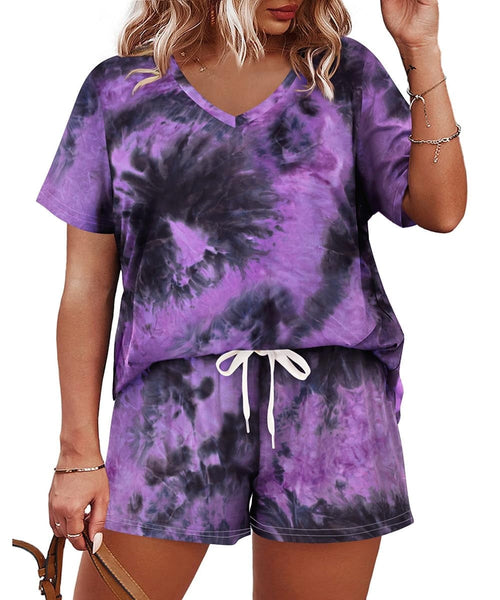 CASSIE LIZ Plus Size 2 Piece Short Sets for Women V Neck Tie Dye Short Sleeve Top and Shorts Set with Drawstring Casual Loungewear Travel Vacation Outfits with Pockets XL-5XL