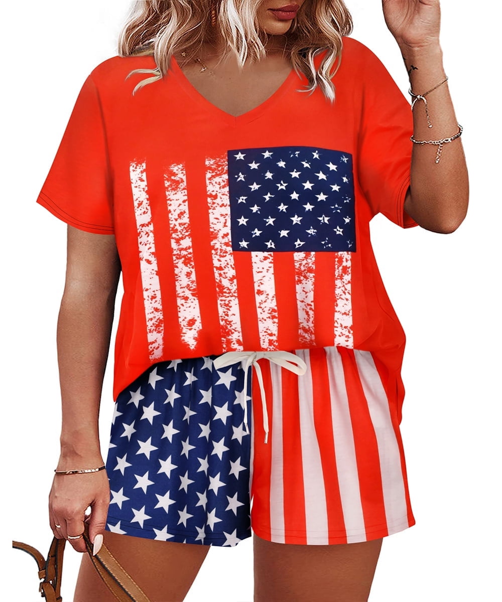 CASSIE LIZ Plus Size 2 Piece Short Sets for Women V Neck Tie Dye Short Sleeve Top and Shorts Set with Drawstring Casual Loungewear Travel Vacation Outfits with Pockets XL-5XL