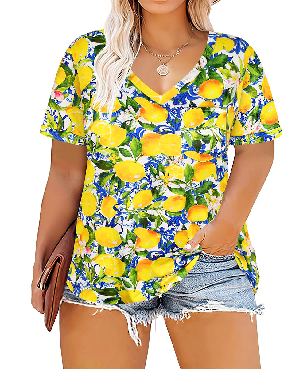 CASSIE LIZ Plus Size Tops Summer Short Sleeve Hawaiian Shirts Womens Blouses Cute Ladies V Neck Tee Tunic Dressy Pullover Solid/Tie Dye/Floral/Leaf(XL-5XL)