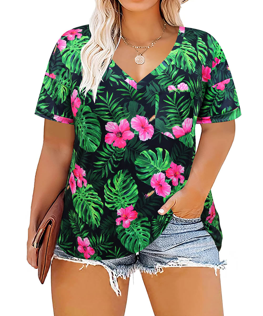 CASSIE LIZ Plus Size Tops Summer Short Sleeve Hawaiian Shirts Womens Blouses Cute Ladies V Neck Tee Tunic Dressy Pullover Solid/Tie Dye/Floral/Leaf(XL-5XL)